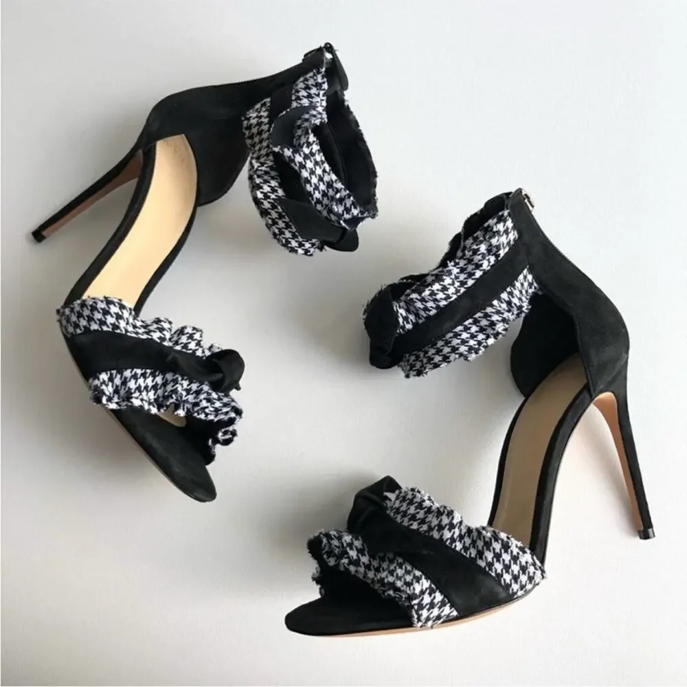 NEW Alexandre Birman Clarita Black Houndstooth Ruffle Sandals heels